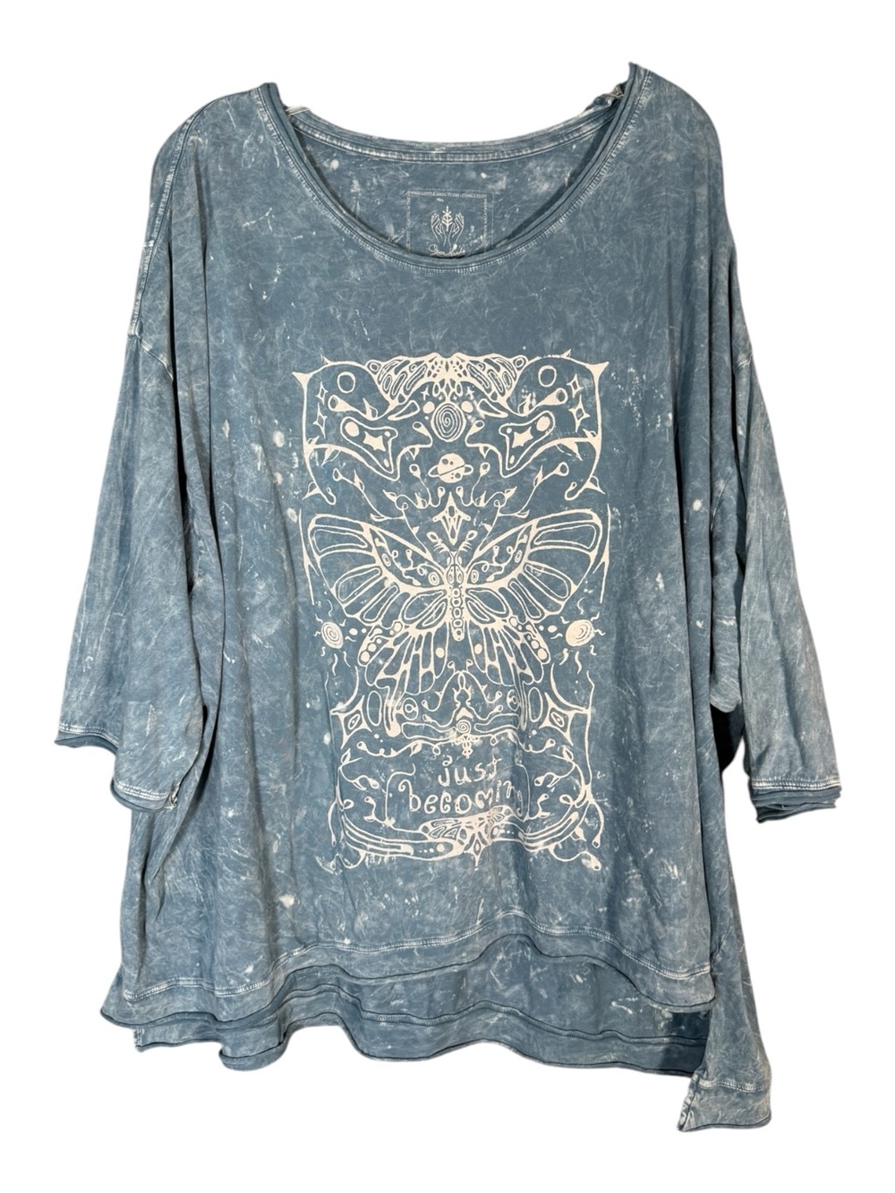 Open Hands by Kantha Bae Oversized Blue Acid Wash Butterfly 70s Inspired Tee OS